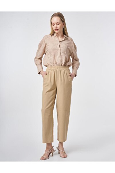 Kayra Sporty Stitched Viscose Trousers Beige