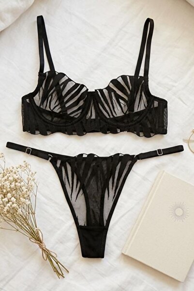 lamelif Σετ σουτιέν με δαντελένιο σχέδιο σε μαύρο χρώμα