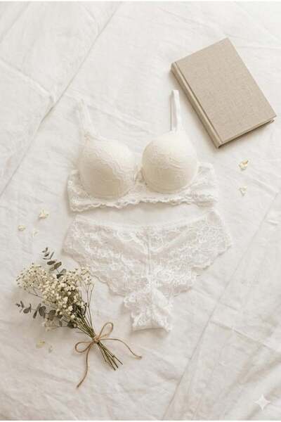 lamelif Σετ σουτιέν με δαντέλα και ενίσχυση εκρού