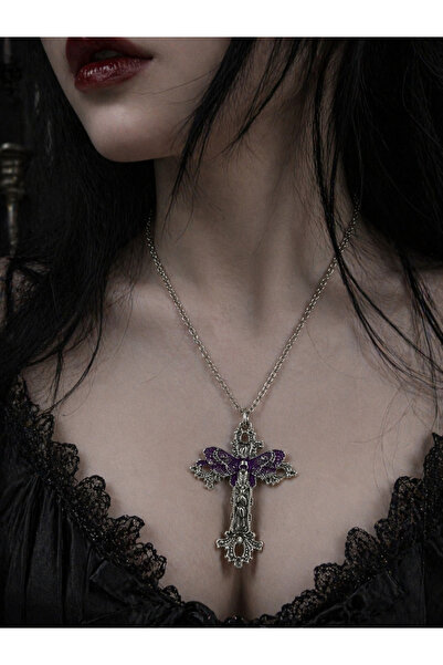 HER ŞEY NOTA www.herseynota.com Gotik Mor Butterfly Detaylı Haç Kolye Gümüş R...