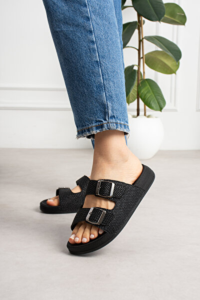 pasyone Μαύρες γυναικείες καθημερινές κομψές παντόφλες με ψάθινο σχέδιο