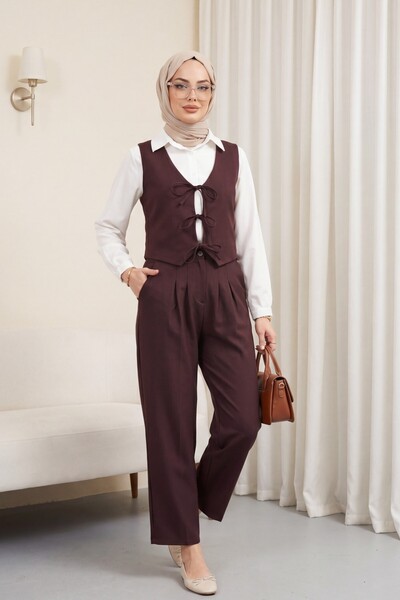 Modamorfo Σετ Γιλέκο και Παντελόνι με Δέσιμο στο Μπροστινό Μέρος -k. Βουργουνδία