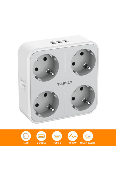 Choice مقبس حائط متعدد من TESSAN بـ 4 مخارج + 2 USB + 1 Type C، 7 في 1، مع قا...