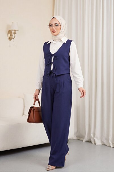 Modamorfo Σετ δύο τεμαχίων: Γιλέκο με δέσιμο μπροστά και παντελόνι - σκούρο μπλε