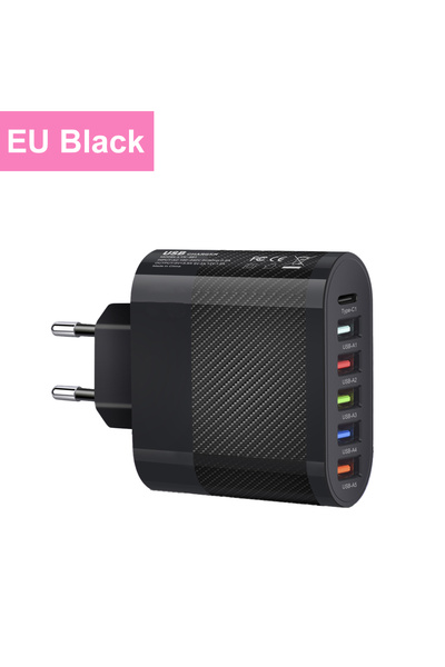 Choice5 شاحن USB أسود بقابس أوروبي بقوة 65 واط مع 5 منافذ ومحول شحن PD لهواتف...