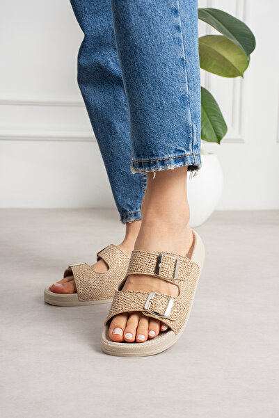 pasyone Μπεζ γυναικείες καθημερινές κομψές παντόφλες με ψάθινο σχέδιο