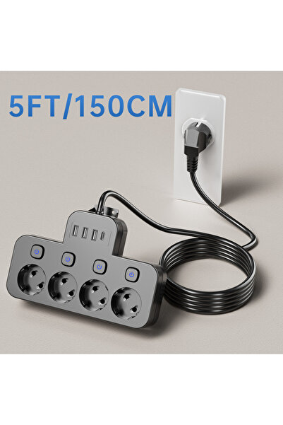 Choice3 EU Plug Black-5Ft Power Strip with 4 Ac Independent Switches, Eu Plug...