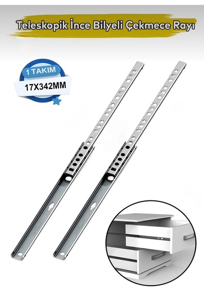 Fimax FMX342 Teleskopik İnce Bilyeli Dolap Çekmece Rayı Sürgüsü Metal En 17 m...