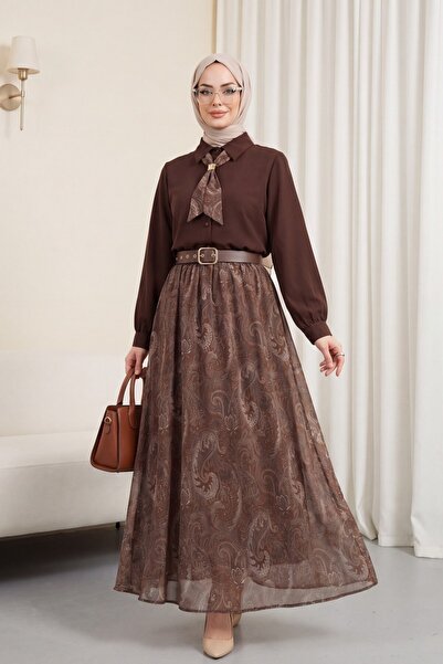 HİJABAYA Σετ σιφόν με ζώνη στη μέση, φουλάρι και φούστα με επένδυση