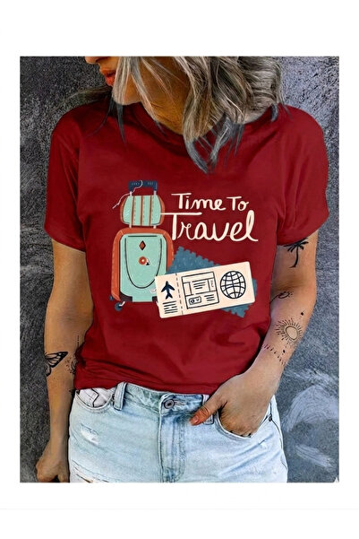 SİBELİZE Women's Time to Travel Printed 100% Cotton T-Shirt