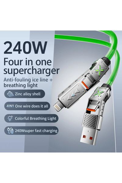Choice كابل بيانات شحن فائق السرعة 4 في 1، أخضر، 240 واط، كابل USB-C إلى Type...