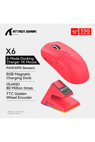 Choice1 Red Attack Shark X6 Tri-Mode Wireless Mouse Bluetooth/2.4G/USB-C PAW3...