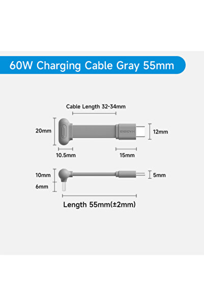 Choice1 كابل USB-C رمادي بزاوية 90 درجة من هاجيبيس، قصير 55 ملم، للشحن السريع...