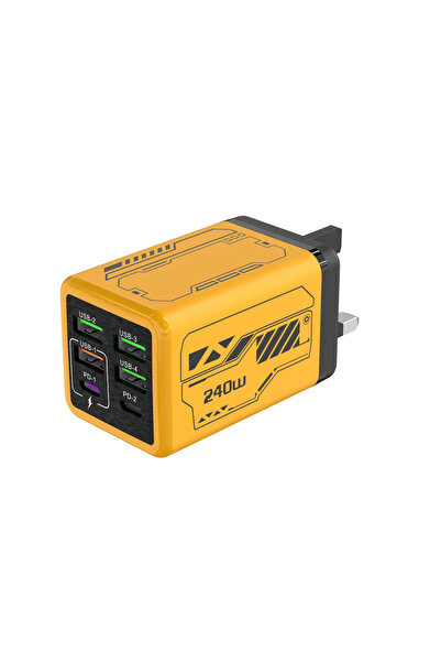 Choice شاحن USB-C أصفر بريطاني 6 في 1 بقوة 240 واط، شحن سريع PD، محول شحن لله...