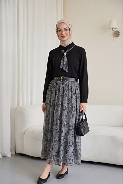 Modamorfo Σετ σιφόν με ζώνη στη μέση, φουλάρι και φούστα με επένδυση - μαύρο