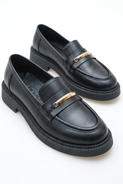 GRADA Μαύρα γυναικεία παπούτσια loafer από γνήσιο δέρμα με λεπτομέρεια από χρ...