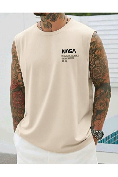 BUWOM Erkek Nasa Baskılı Bisiklet Yaka Sıfır Kol T-shirt