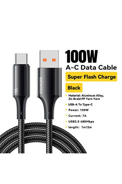 Choice3 كابل ESSAGER 1 متر من النوع A إلى C بقوة 7 أمبير أسود اللون، كابل USB...