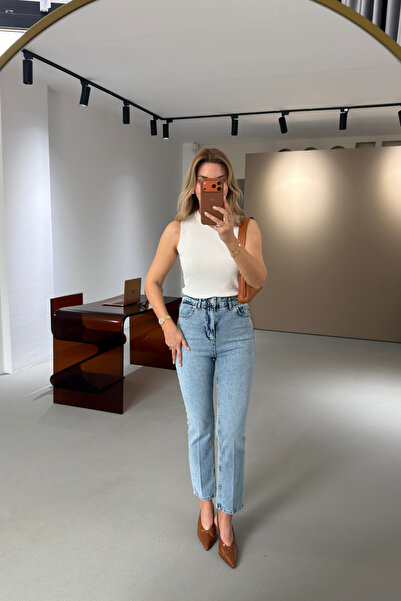 Sezgi Tekin Premium Σειρά Seri Μπλε τζιν παντελόνι με στράπλες τελειώματα, πλ...