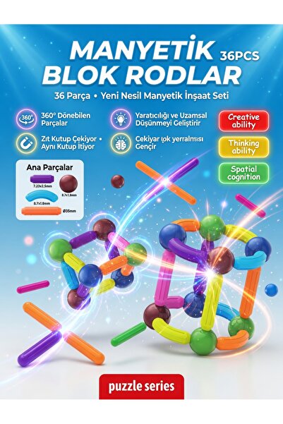 Natavanbutık 🧲🌈 Akıllı Manyetik Çubuk Blok Seti 36 Parça – Eğlenceli Zeka O...
