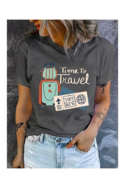 SİBELİZE Women's Time to Travel Printed 100% Cotton T-Shirt
