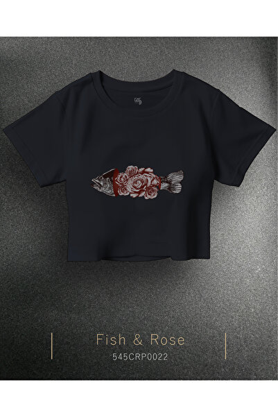 (ÖN BASKI) Fish & Rose Tasarım Baskılı Pamuklu Crop Size T-Shirt (Tişört)