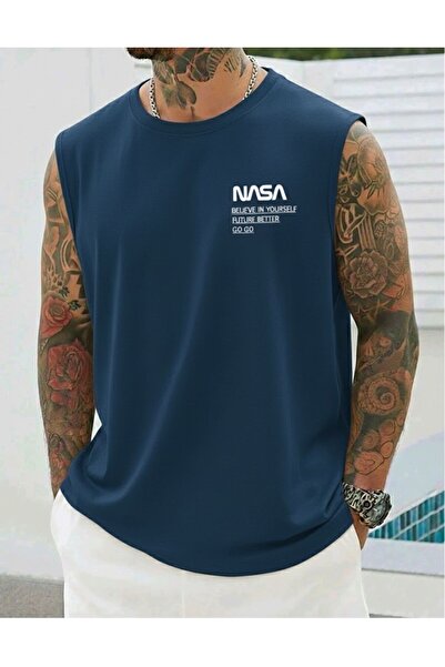 BUWOM Erkek Nasa Baskılı Bisiklet Yaka Sıfır Kol T-shirt