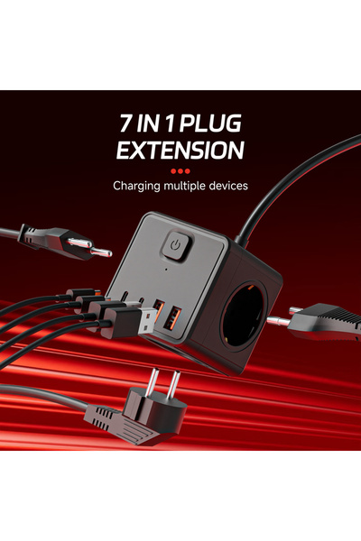 Choice قابس كهربائي أوروبي أسود 7 في 1، 3 مقابس تيار متردد و2 منفذ USB و2 منف...