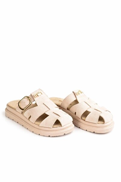 MODAONN Γυναικείες παντόφλες πλατφόρμας από σουέντ με χρυσή αγκράφα σε μποέμ ...