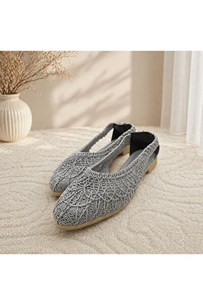 FİORE WOMEN Gray Knitted Lace Textured Women's Summer Ballerina Shoes