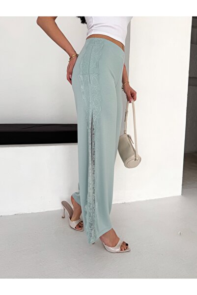 SBL COLLECTİON Γυναικείο παντελόνι Palazzo με ελαστική μέση και δαντέλα στα π...