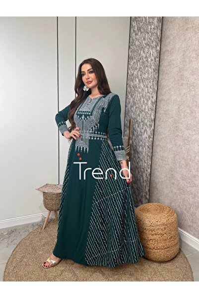 TREND جلابية اخضر طويل بتطريز فضي