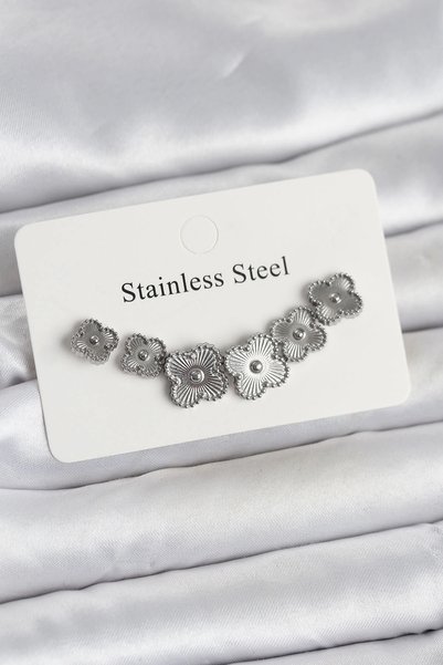 shopwave 316L Steel Silver Rk Yonca Earring Set
