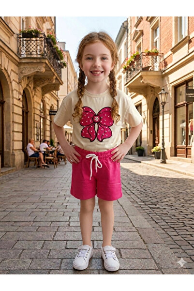 jeliboomkidswear طقم صيفي للفتيات مكون من شورت مطرز بالخرز وربطة عنق مزخرفة