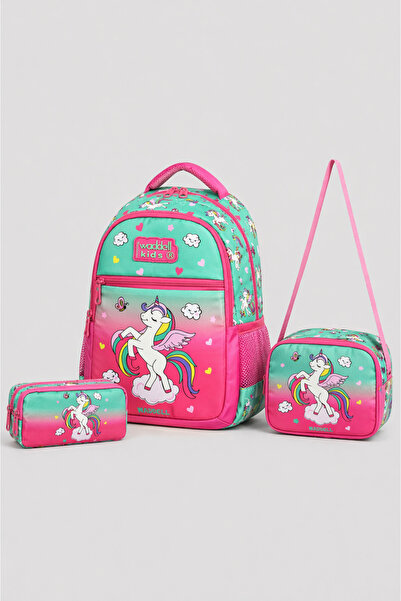 KAFF Τσάντα με μοτίβο ροζ μονόκερου, θήκη για στυλό, σετ 3 τεμαχίων για κορίτ...