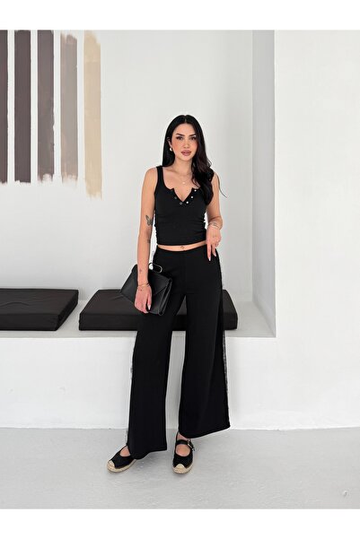 SBL COLLECTİON Γυναικείο παντελόνι Palazzo με ελαστική μέση και δαντέλα στα π...