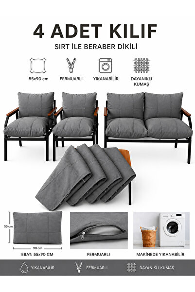 UFUK HOME Balkon Bahçe Takımı Minder Kılıfı 4’lü Set Gri 55x90 cm Fermuarlı Y...