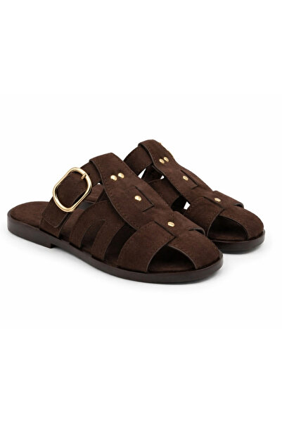 modastilin Nerissa Women's Bitter Brown Multi-Strap Gold Buckle Suede Texture...