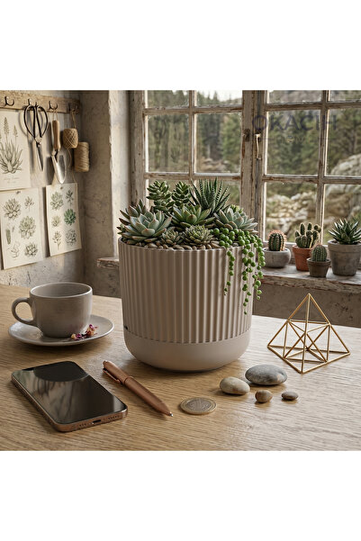 okacih Modern Ribbed Çizgili Saksı 14 cm 1.8 Litre Dekoratif İç Mekan Saksı