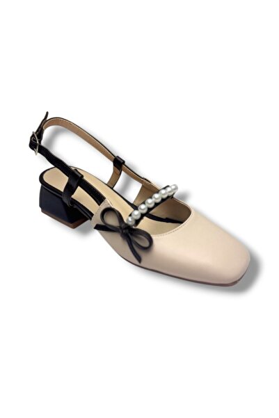 Cakgo Espathy 326-26 Skin Pearl Buckle Κοντό τετράγωνο τακούνι με ανοιχτή πλά...