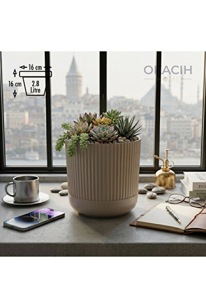 okacih Modern Ribbed Çizgili Saksı 16 cm 2.8 Litre Dekoratif İç Mekan Saksı