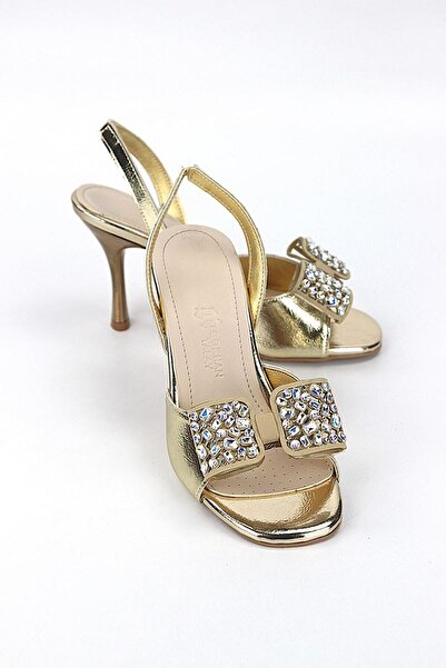 Lady Sunna Seravyner Dore Metalik Taşlı Toka Detaylı Slingback 8 Cm Orta Topuklu Kadın Ayakkabı