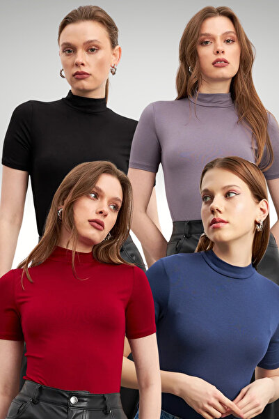 Bipantolon Women's Black Gray Navy Blue Burgundy 4-Pack Short Sleeve Blouse