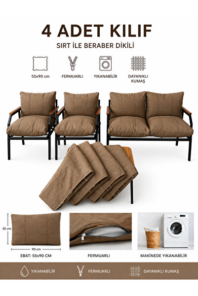 UFUK HOME Balkon Bahçe Takımı Minder Kılıfı 4’lü Set Kahverengi 55x90 cm Ferm...