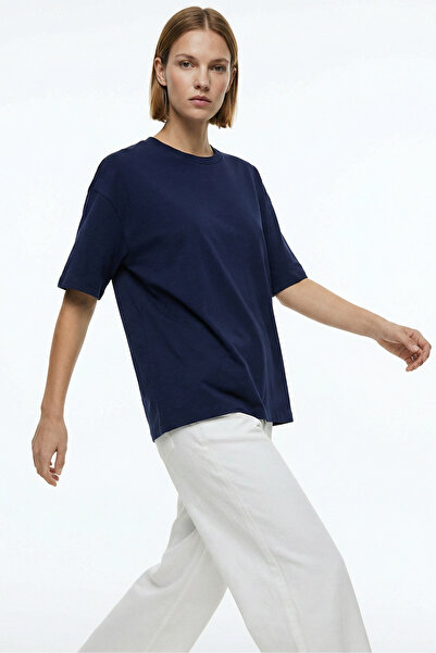 MAXIMILLIAN Γυναικείο μπλουζάκι Navy Blue Oversize Basic, 100% βαμβακερό, με ...
