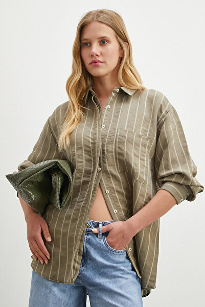 Never more Ριγέ πουκάμισο μοντάλ με τσέπες χακί