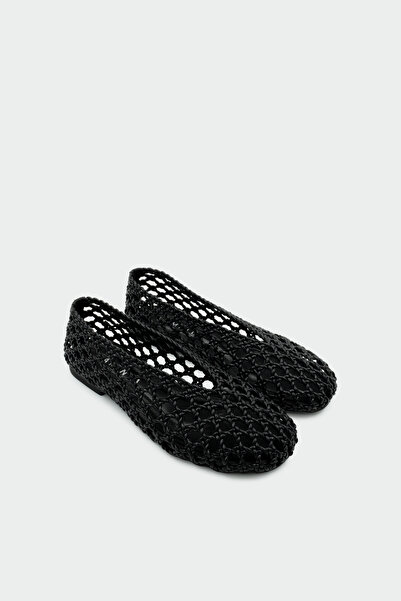 LAMİNTA Γυναικείες μαύρες φλατ μπαλαρίνες από γνήσιο δέρμα με πλεκτή λεπτομέρ...