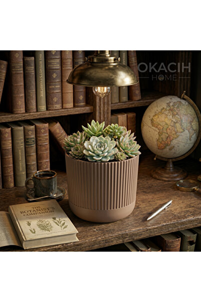 okacih Modern Ribbed Çizgili Saksı 16 cm 2.8 Litre Dekoratif İç Mekan Saksı