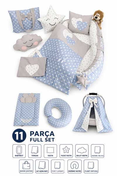 Jaju Baby Mavi 11 Parça Full Set Babynest – %100 Pamuk, Taşınabilir Bebek Yat...