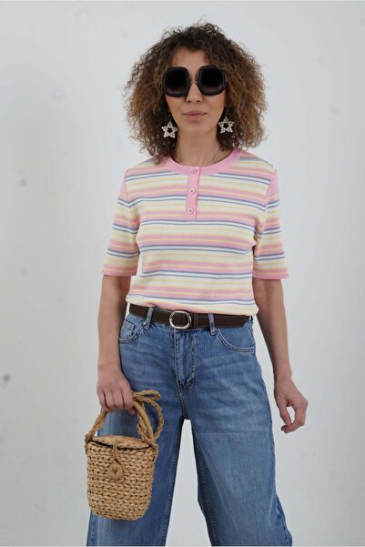Zelish My Sister Pink and Yellow Striped Crew Neck Buttoned Sweater